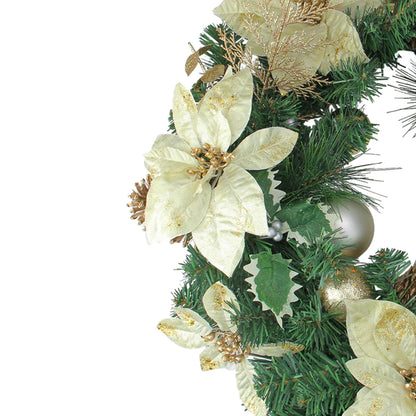 Green and White Pine Wreath with Poinsettias and Gold Ornaments 24 Inch