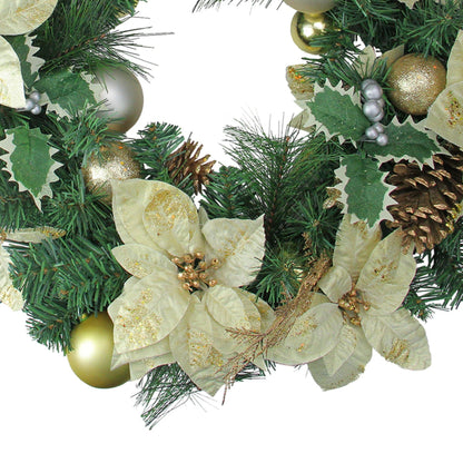 Green and White Pine Wreath with Poinsettias and Gold Ornaments 24 Inch