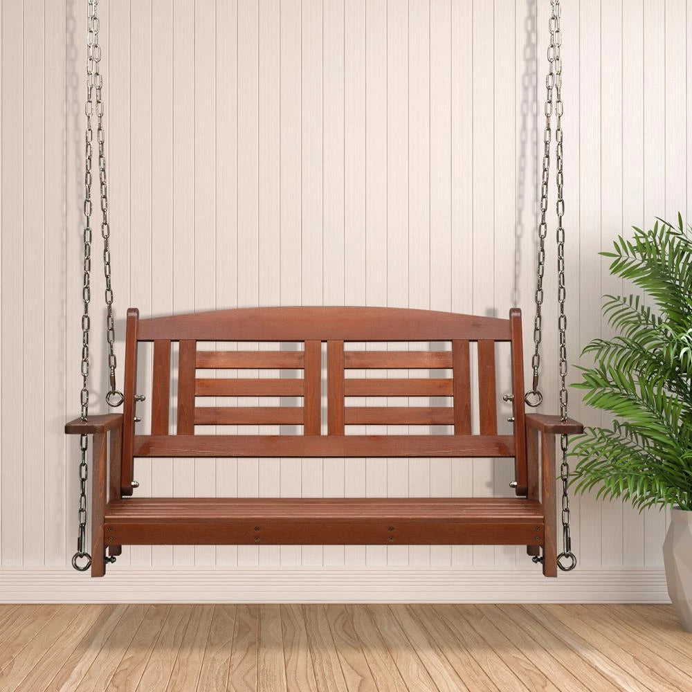 Harmony 2-Person Wooden Swing Chair with Chains - Reddish Brown