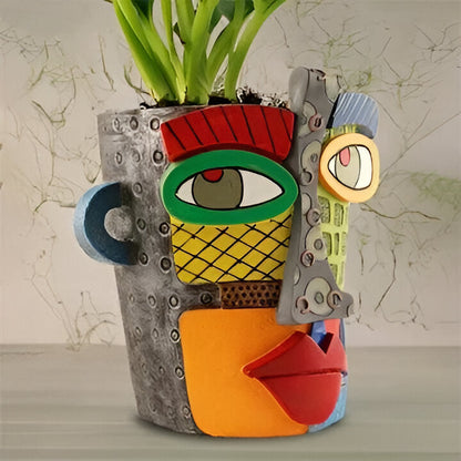 Handmade Abstract Face Planter in Resin with Colorful Painted Design and Side Handles