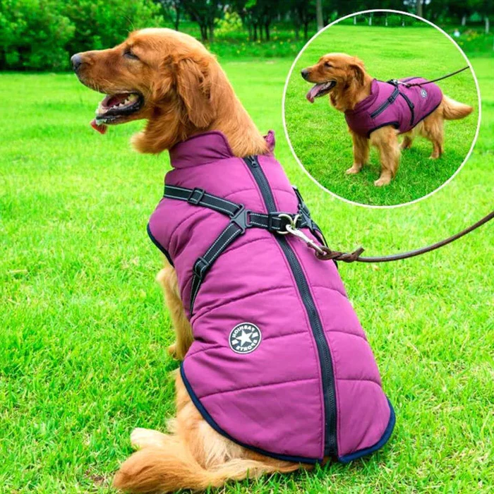 Dog Winter Jacket with Sherpa Fleece and Integrated Harness, Reflective Stripes