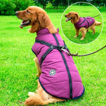 Dog Winter Jacket with Sherpa Fleece and Integrated Harness, Reflective Stripes