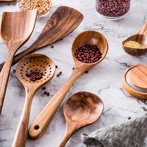 Teak Wood Kitchen Utensils Set with Heat Resistant Handles, 8 Pieces