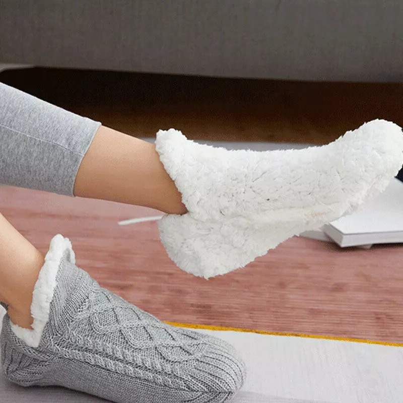 Sherpa Lined Cable Knit Slipper Socks with Grip Sole and Fold Over Cuff