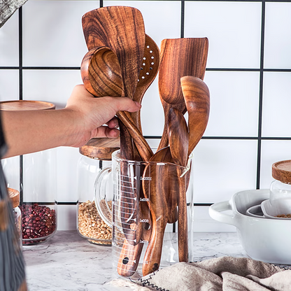 Teak Wood Kitchen Utensils Set with Heat Resistant Handles, 8 Pieces