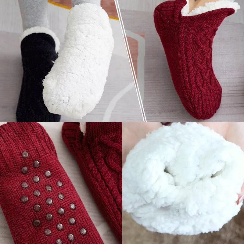 Sherpa Lined Cable Knit Slipper Socks with Grip Sole and Fold Over Cuff