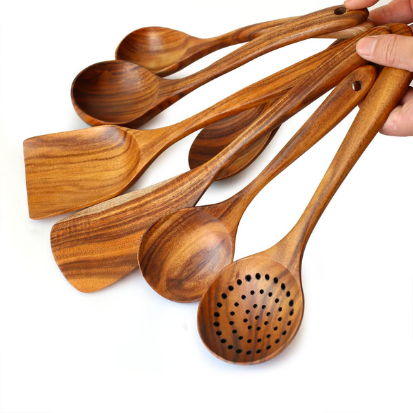 Teak Wood Kitchen Utensils Set with Heat Resistant Handles, 8 Pieces
