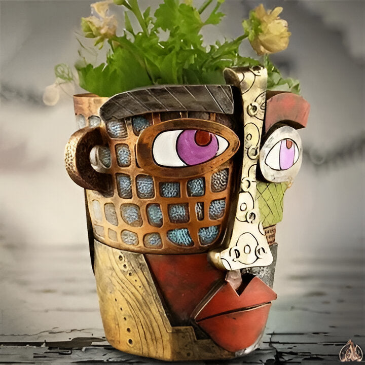Handmade Abstract Face Planter in Resin with Colorful Painted Design and Side Handles