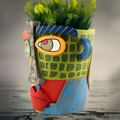 Handmade Abstract Face Planter in Resin with Colorful Painted Design and Side Handles