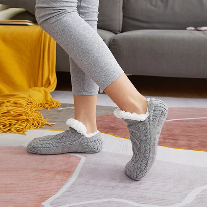 Sherpa Lined Cable Knit Slipper Socks with Grip Sole and Fold Over Cuff
