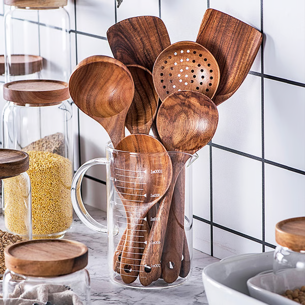Teak Wood Kitchen Utensils Set with Heat Resistant Handles, 8 Pieces
