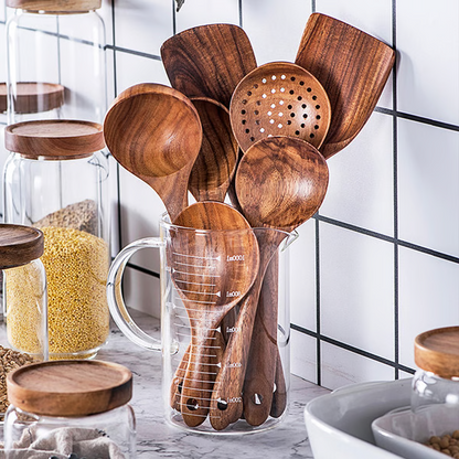 Teak Wood Kitchen Utensils Set with Heat Resistant Handles, 8 Pieces
