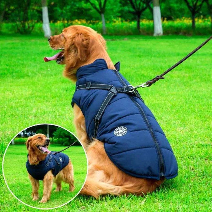 Dog Winter Jacket with Sherpa Fleece and Integrated Harness, Reflective Stripes