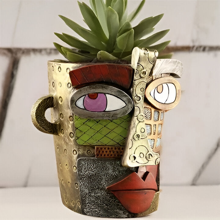 Handmade Abstract Face Planter in Resin with Colorful Painted Design and Side Handles