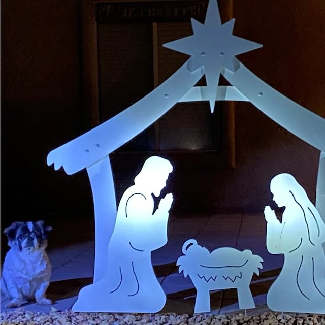 Outdoor Nativity Display of a Stable, Mary, Joseph and Baby Jesus Molded in Thick PVC with Yard Stake Setup