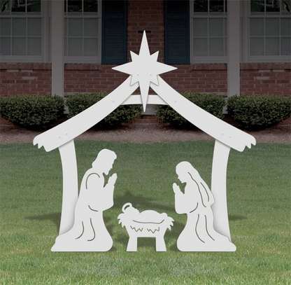 Outdoor Nativity Display of a Stable, Mary, Joseph and Baby Jesus Molded in Thick PVC with Yard Stake Setup