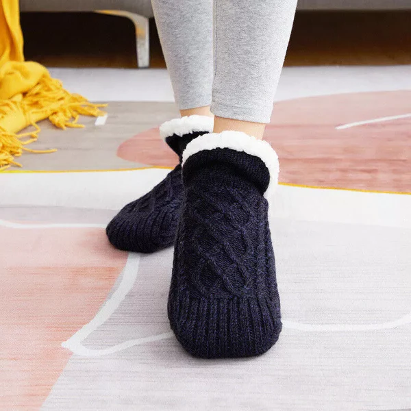 Sherpa Lined Cable Knit Slipper Socks with Grip Sole and Fold Over Cuff
