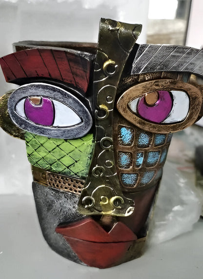 Handmade Abstract Face Planter in Resin with Colorful Painted Design and Side Handles