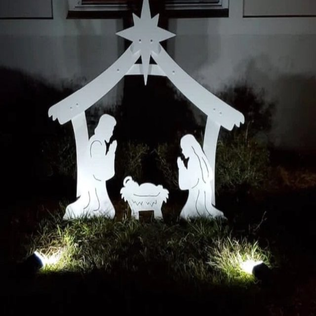 Outdoor Nativity Display of a Stable, Mary, Joseph and Baby Jesus Molded in Thick PVC with Yard Stake Setup
