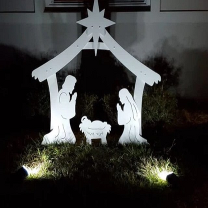 Outdoor Nativity Display of a Stable, Mary, Joseph and Baby Jesus Molded in Thick PVC with Yard Stake Setup