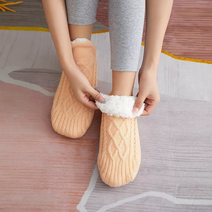 Sherpa Lined Cable Knit Slipper Socks with Grip Sole and Fold Over Cuff