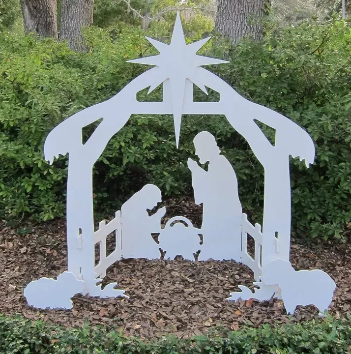 Outdoor Nativity Display of a Stable, Mary, Joseph and Baby Jesus Molded in Thick PVC with Yard Stake Setup