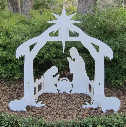 Outdoor Nativity Display of a Stable, Mary, Joseph and Baby Jesus Molded in Thick PVC with Yard Stake Setup