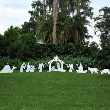 Outdoor Nativity Display of a Stable, Mary, Joseph and Baby Jesus Molded in Thick PVC with Yard Stake Setup