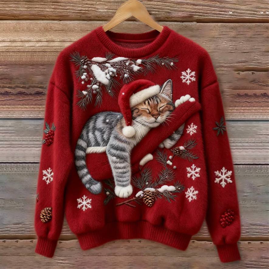 Cat Christmas Sweater with 3D Appliqué, Cozy Holiday Pullover for Cats