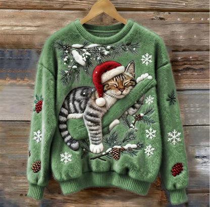 Cat Christmas Sweater with 3D Appliqué, Cozy Holiday Pullover for Cats
