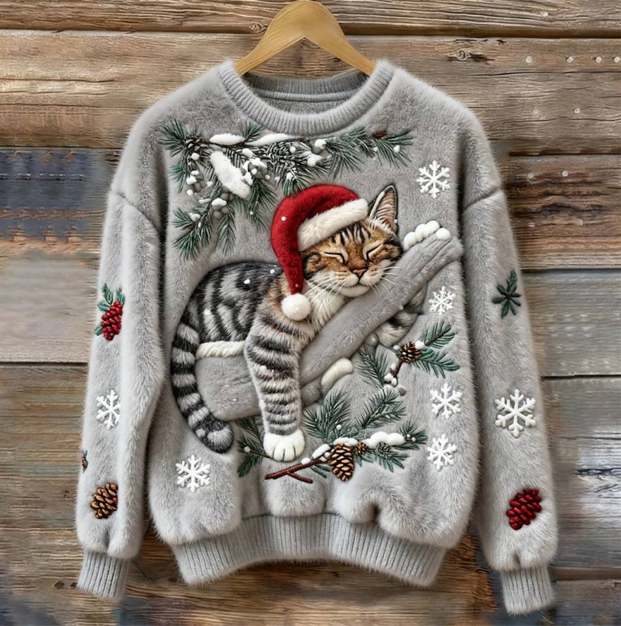 Cat Christmas Sweater with 3D Appliqué, Cozy Holiday Pullover for Cats