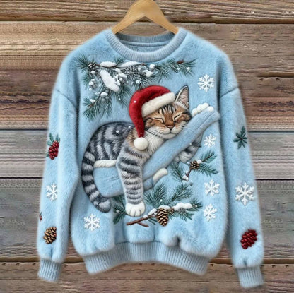 Cat Christmas Sweater with 3D Appliqué, Cozy Holiday Pullover for Cats
