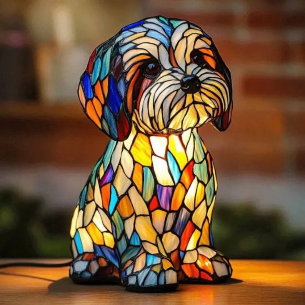Artistic Glass Dog Table Lamp with Colorful Tiffany-Style Lighting Design