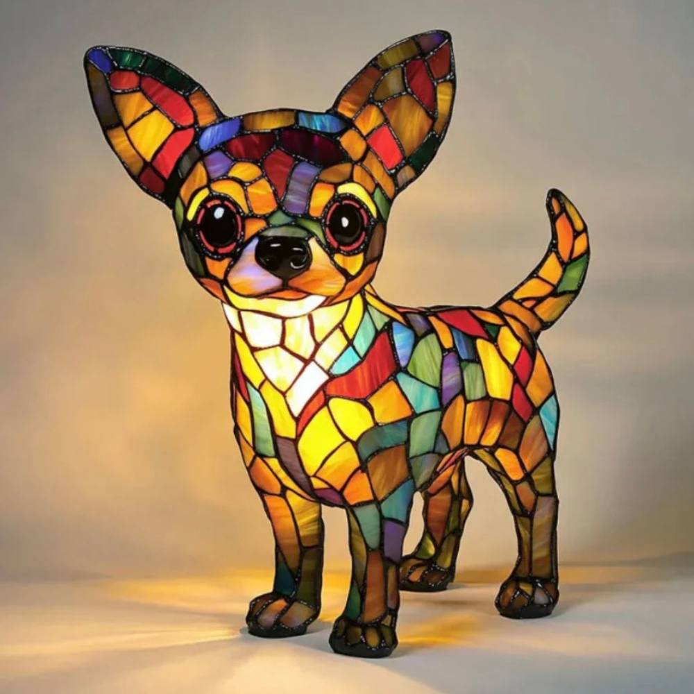 Artistic Glass Dog Table Lamp with Colorful Tiffany-Style Lighting Design