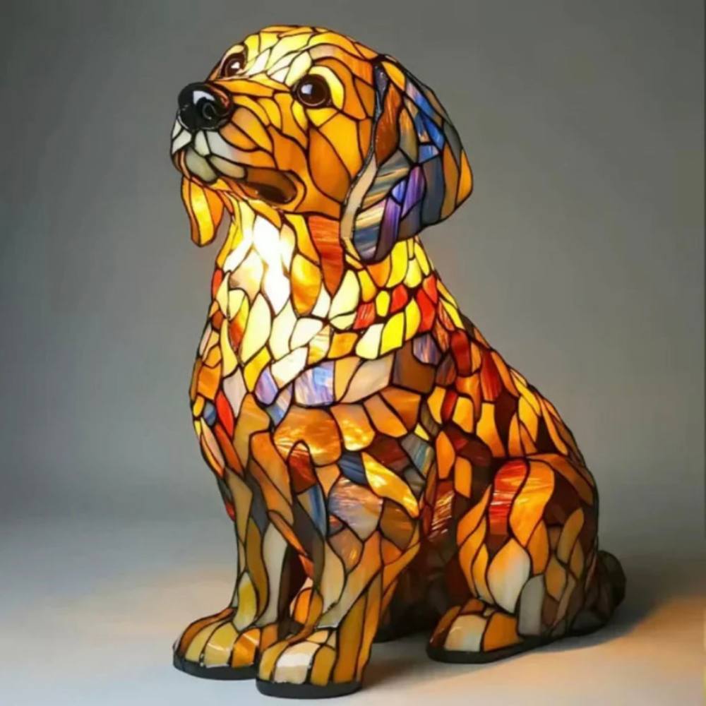 Artistic Glass Dog Table Lamp with Colorful Tiffany-Style Lighting Design