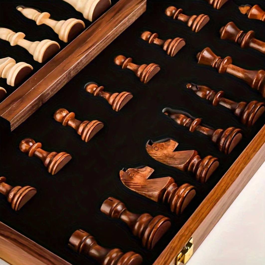Wooden Chess Set Folding Walnut Board with Handcrafted Weighted Pieces
