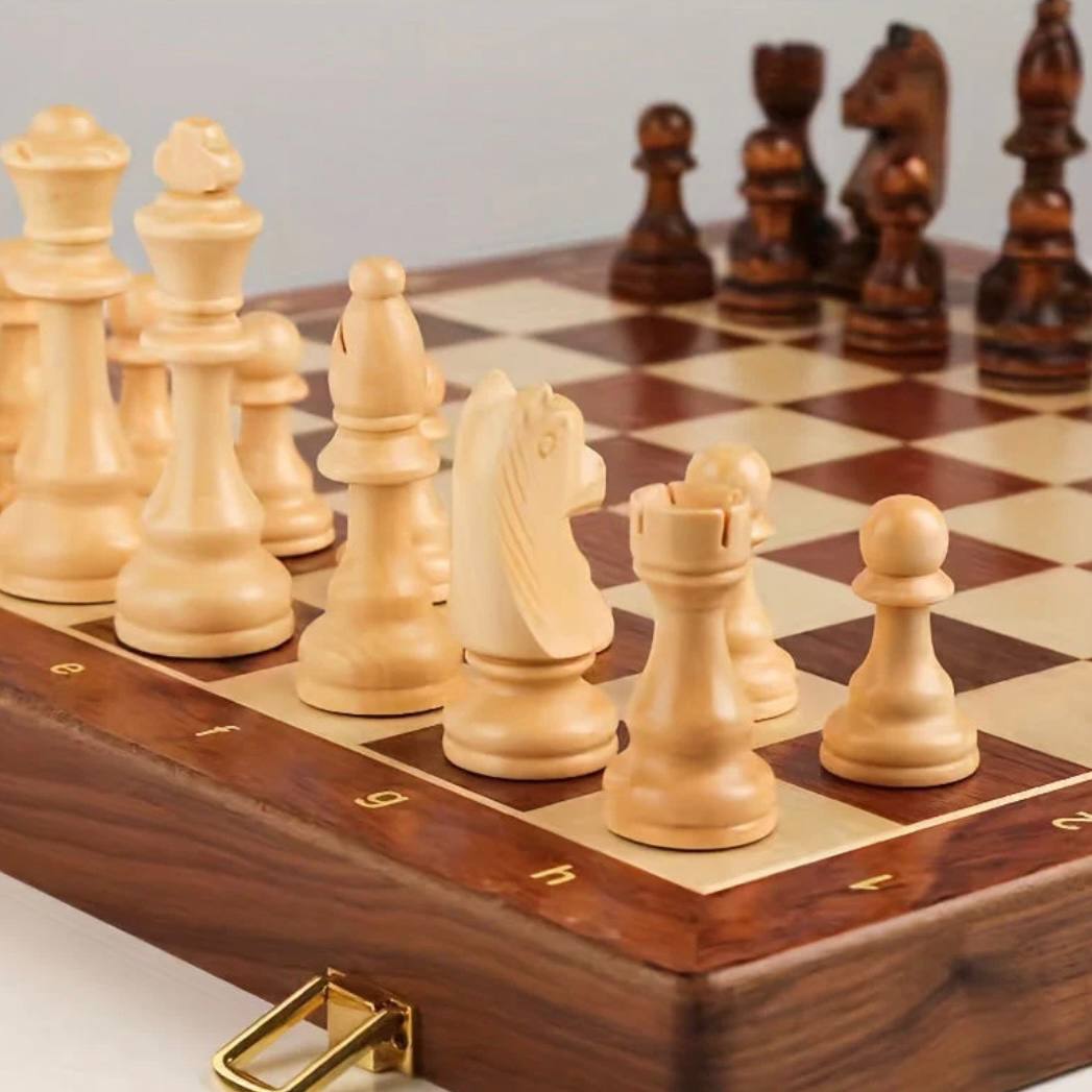 Wooden Chess Set Folding Walnut Board with Handcrafted Weighted Pieces