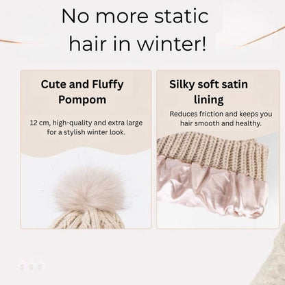 Antistatic Pompom Beanie with Silk Lining for Frizz-Free Hair