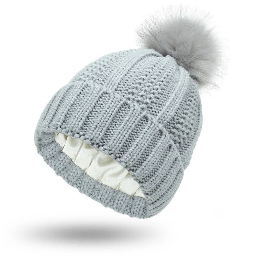 Antistatic Pompom Beanie with Silk Lining for Frizz-Free Hair