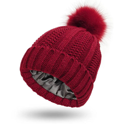 Antistatic Pompom Beanie with Silk Lining for Frizz-Free Hair