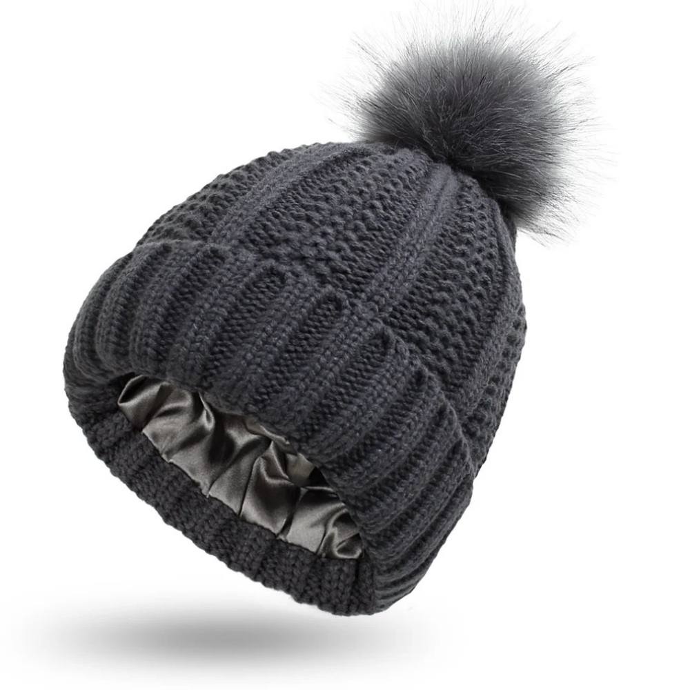 Antistatic Pompom Beanie with Silk Lining for Frizz-Free Hair