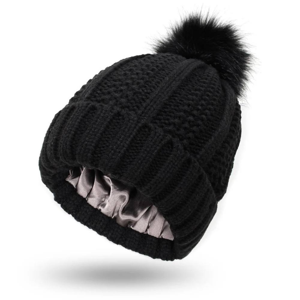 Antistatic Pompom Beanie with Silk Lining for Frizz-Free Hair