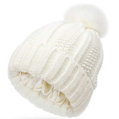 Antistatic Pompom Beanie with Silk Lining for Frizz-Free Hair