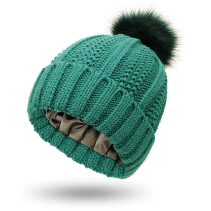 Antistatic Pompom Beanie with Silk Lining for Frizz-Free Hair