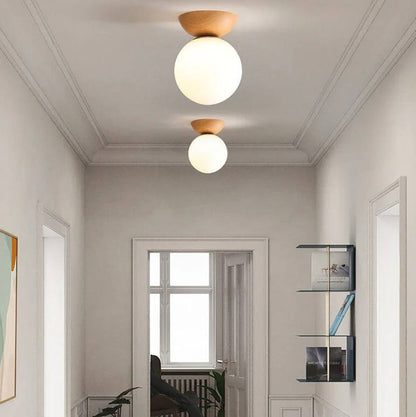 Glass Globe Ceiling Light with Wood Grain Design