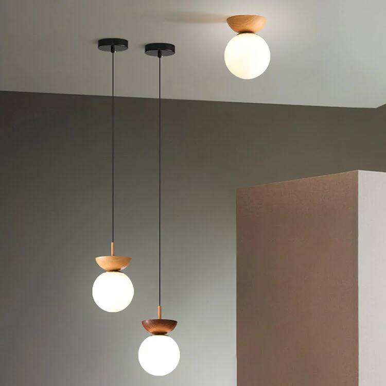 Glass Globe Ceiling Light with Wood Grain Design