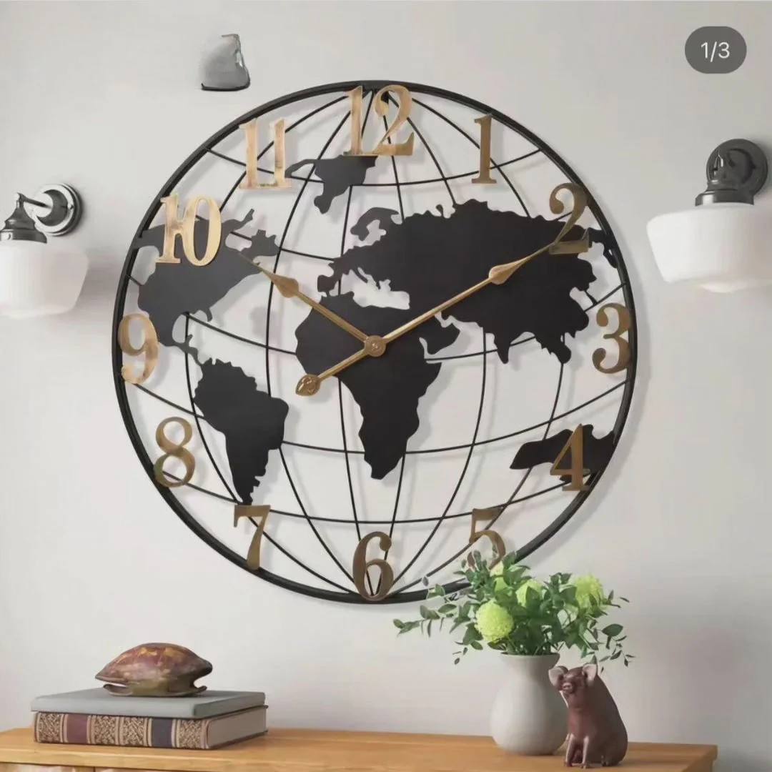Large Decorative Wall Clock with World Map 24 Inch