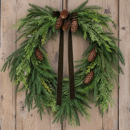 Heart Shaped Pine Wreath with Pinecone Accents and Hunter Green Ribbon