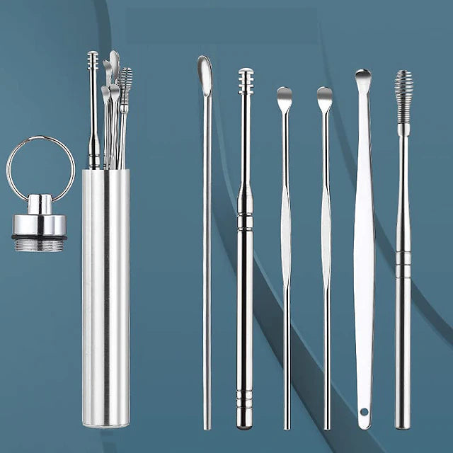 6-in-1 Stainless Steel Ear Wax Removal Kit with Reusable Picks and Keychain Storage Box