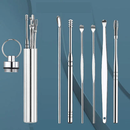 6-in-1 Stainless Steel Ear Wax Removal Kit with Reusable Picks and Keychain Storage Box